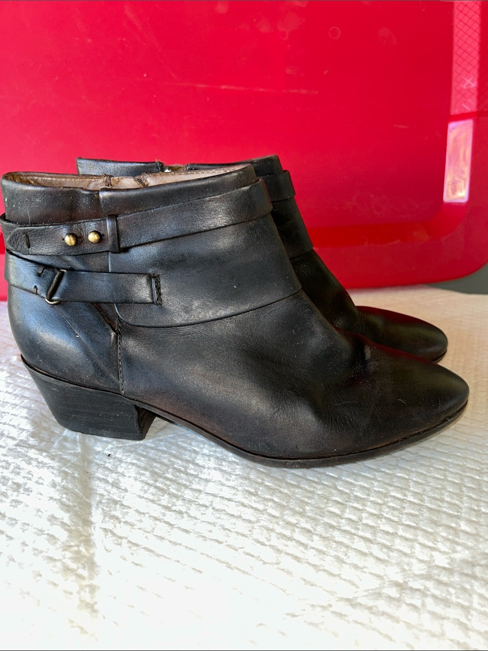 Clarks Black Leather Ankle Booties with Decorative Strap